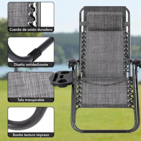 Pack 2 Tumbonas Plegables Gravedad Cero para Jardín, Playa y Piscina, Sillas Exterior Reclinables, Bandeja y Acero Anticorrosión