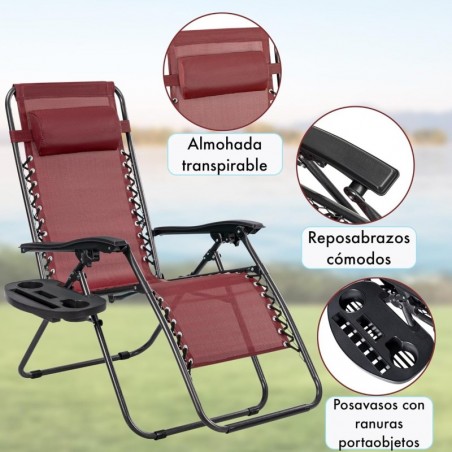 Pack 2 Tumbonas Plegables Gravedad Cero para Jardín, Playa y Piscina, Sillas Exterior Reclinables, Bandeja y Acero Anticorrosión