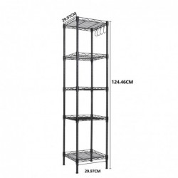 Estantería metálica blanca 5 baldas ajustables con ganchos laterales | 145x30x30cm | Estante almacenamiento resistente