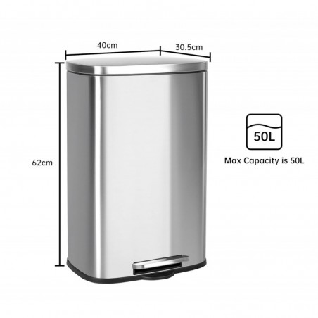 Cubo de Basura para la Cocina, 50 L, Cubo de Pedal de Acero con Tapa, Cierre Suave, Acero Inoxidable.
