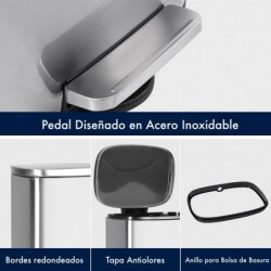 Cubo de Basura para la Cocina, 50 L, Cubo de Pedal de Acero con Tapa y Cubo Interior, Cierre Suave, Acero Inoxidable