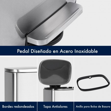 Cubo de Basura para la Cocina, 50 L, Cubo de Pedal de Acero con Tapa y Cubo Interior, Cierre Suave, Acero Inoxidable