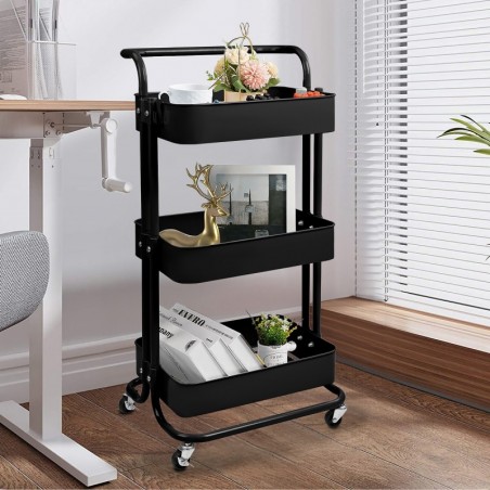 Carro Auxiliar de Cocina Metálico con 3 Cajones y Ruedas Giratorias - Carrito Multiuso para Salón y Oficina 85x43x37 cm