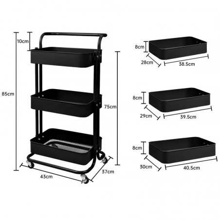 Carro Auxiliar de Cocina Metálico con 3 Cajones y Ruedas Giratorias - Carrito Multiuso para Salón y Oficina 85x43x37 cm