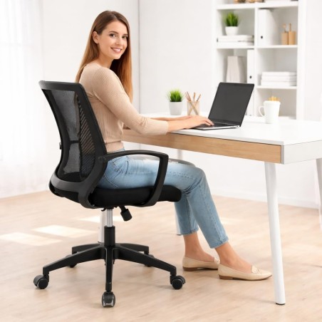 Silla de Oficina Ergonómica con Ruedas y Soporte Lumbar | Respaldo Malla Transpirable Ajustable en Altura hasta 150kg