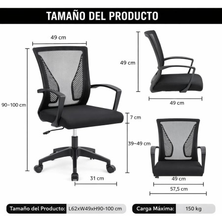 Silla de Oficina Ergonómica con Ruedas y Soporte Lumbar | Respaldo Malla Transpirable Ajustable en Altura hasta 150kg