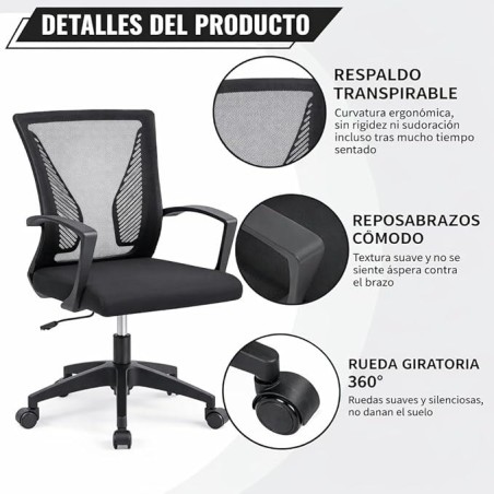 Silla de Oficina Ergonómica con Ruedas y Soporte Lumbar | Respaldo Malla Transpirable Ajustable en Altura hasta 150kg