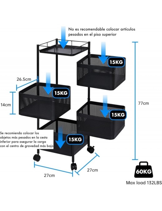 Carro Auxiliar Metálico con 3 Cestas Plegables y Ruedas - Carrito Organizador para Cocina y Verdulero