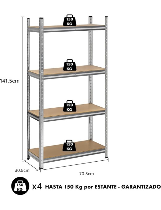 Estantería Metálica Almacenaje de Acero Galvanizado + 4 Baldas MDF, 140x70x30 cm, Modular, Baldas Ajustables, trastero