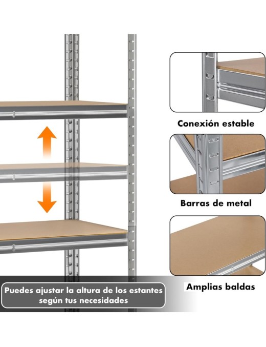 Estantería Metálica Almacenaje de Acero Galvanizado + 4 Baldas MDF, 140x70x30 cm, Modular, Baldas Ajustables, trastero