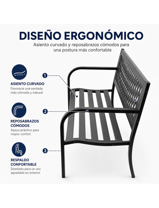 Banco Jardín Exterior T-LOVENDO de Metal 2-3 Plazas con Asiento Acero Resistente Anticorrosión - Terraza Patio Balcón