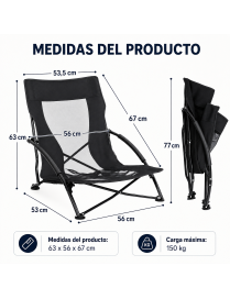 Silla Plegable Baja de Playa y Camping/Portátil y Compacta/Respaldo Transpirable/Reposabrazos Acolchados/Estructura de A