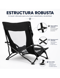Silla Plegable Baja de Playa y Camping/Portátil y Compacta/Respaldo Transpirable/Reposabrazos Acolchados/Estructura de A
