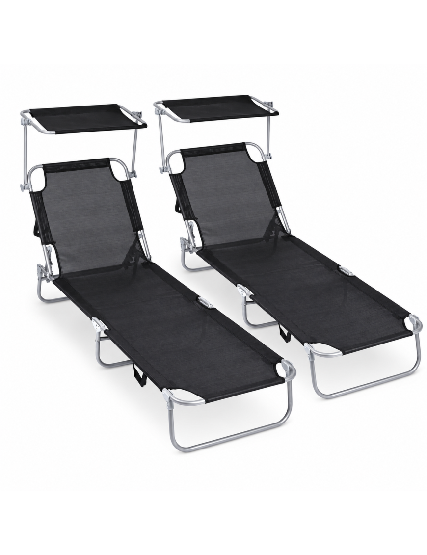 Pack 2 Tumbonas Plegables con Parasol Ajustable - Sillas de Playa y Piscina Reclinables en Textilene y Aluminio