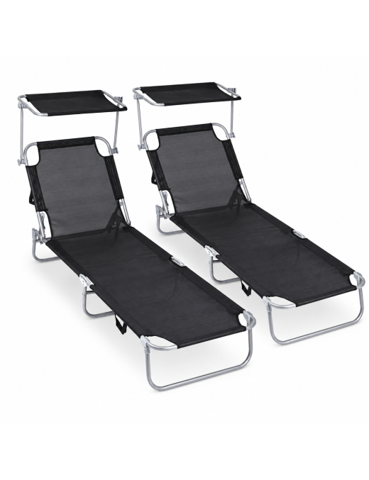 Pack 2 Tumbonas Plegables con Parasol Ajustable - Sillas de Playa y Piscina Reclinables en Textilene y Aluminio