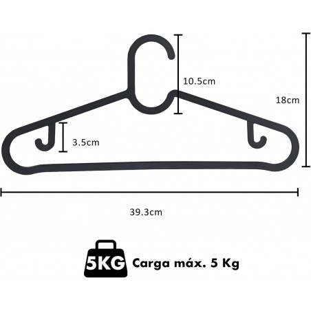 Pack de 20 Perchas de plástico para Ropa Adulto Resistentes. Cabezal Fijo, Antideslizantes. Camisetas Vestidos. Negras