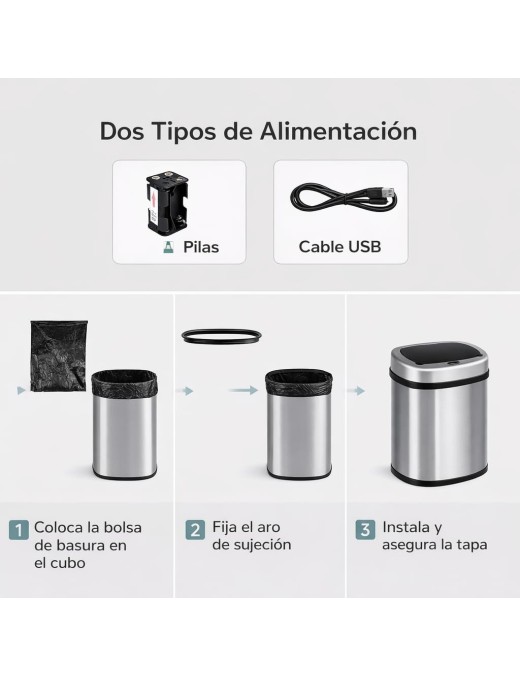 Cubo de Basura Automático T-LOVENDO con Sensor de Movimiento Acero Inoxidable - Apertura Sin Contacto para Cocina y Baño