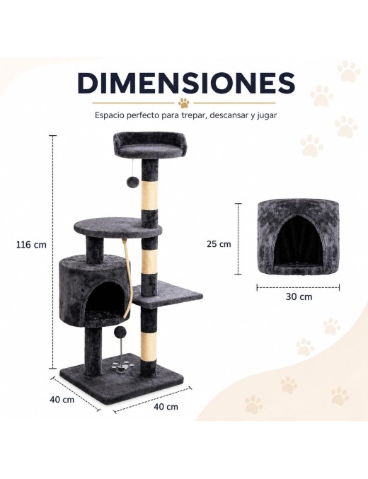 Árbol Rascador para Gatos de 3 Alturas con Refugio y Plataformas - Torre con Cuerda de Sisal y Juguetes