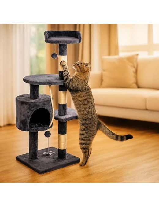 Árbol Rascador para Gatos de 3 Alturas con Refugio y Plataformas - Torre con Cuerda de Sisal y Juguetes