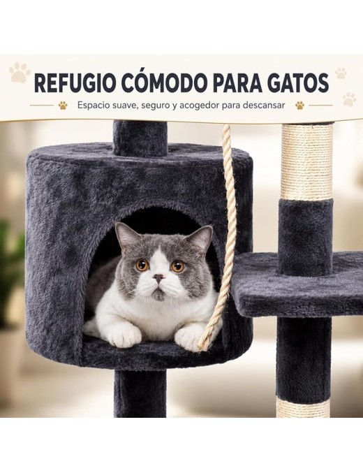 Árbol Rascador para Gatos de 3 Alturas con Refugio y Plataformas - Torre con Cuerda de Sisal y Juguetes