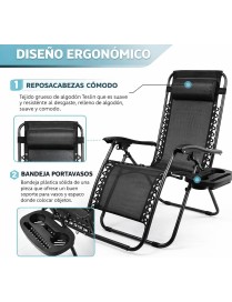 Pack 2 Tumbonas Plegables Exterior T-LOVENDO Gravedad Zero con Portavaso - Sillas Playa Piscina Jardín Terraza 150kg
