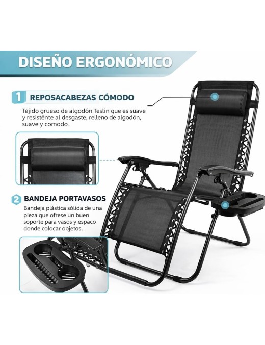 Pack 2 Tumbonas Plegables Exterior T-LOVENDO Gravedad Zero con Portavaso - Sillas Playa Piscina Jardín Terraza 150kg