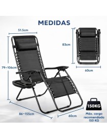 Pack 2 Tumbonas Plegables Exterior T-LOVENDO Gravedad Zero con Portavaso - Sillas Playa Piscina Jardín Terraza 150kg