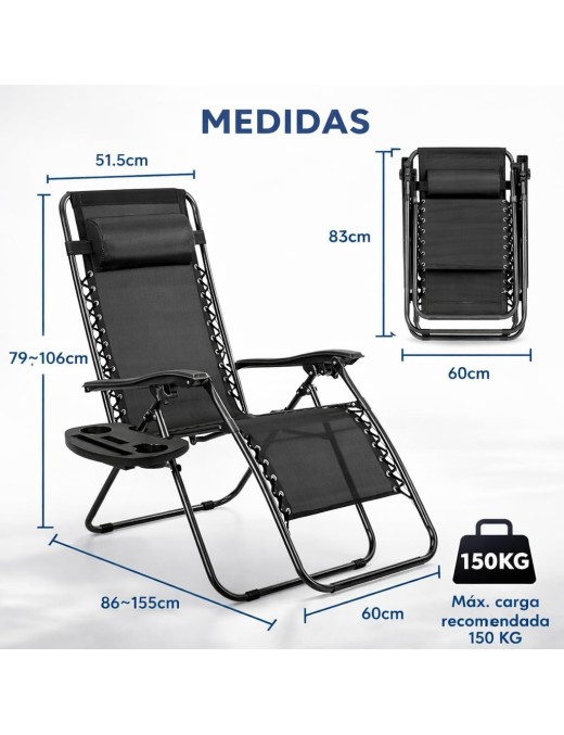 Pack 2 Tumbonas Plegables Exterior T-LOVENDO Gravedad Zero con Portavaso - Sillas Playa Piscina Jardín Terraza 150kg