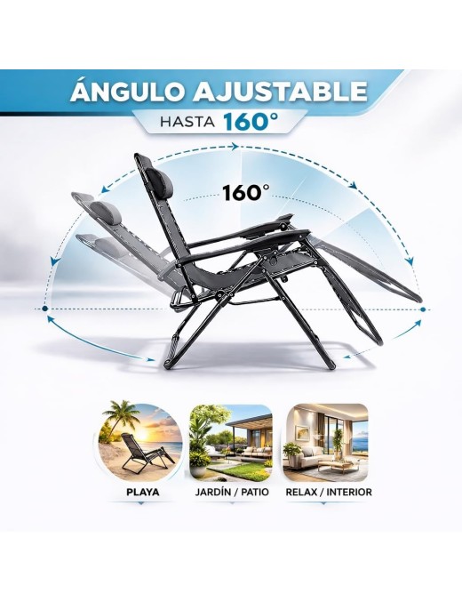 Pack 2 Tumbonas Plegables Exterior T-LOVENDO Gravedad Zero con Portavaso - Sillas Playa Piscina Jardín Terraza 150kg