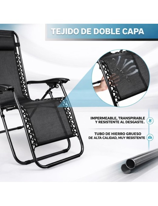 Pack 2 Tumbonas Plegables Exterior T-LOVENDO Gravedad Zero con Portavaso - Sillas Playa Piscina Jardín Terraza 150kg