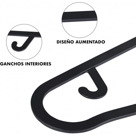 Pack de 20 Perchas de plástico para Ropa Adulto Resistentes. Cabezal Fijo, Antideslizantes. Camisetas Vestidos. Negras