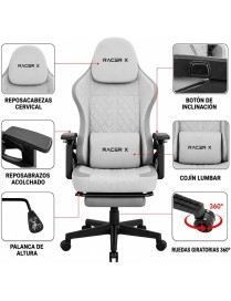 Silla Gaming Racer X T-Lovendo Ergonómica Reclinable con Reposapiés y Cojines Lumbar y Cervical