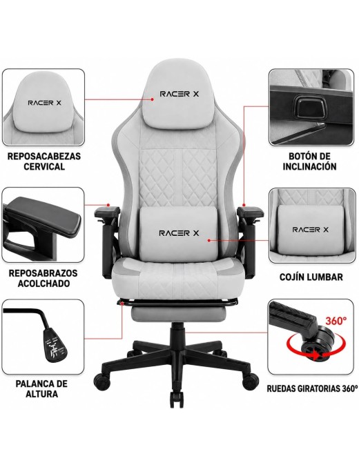 Silla Gaming Racer X T-Lovendo Ergonómica Reclinable con Reposapiés y Cojines Lumbar y Cervical