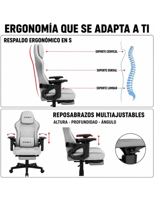 Silla Gaming Racer X T-Lovendo Ergonómica Reclinable con Reposapiés y Cojines Lumbar y Cervical