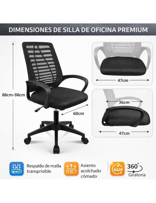 Silla Oficina Ergonómica T-LOVENDO con Soporte Lumbar y Respaldo Malla Transpirable - Altura Regulable con Ruedas