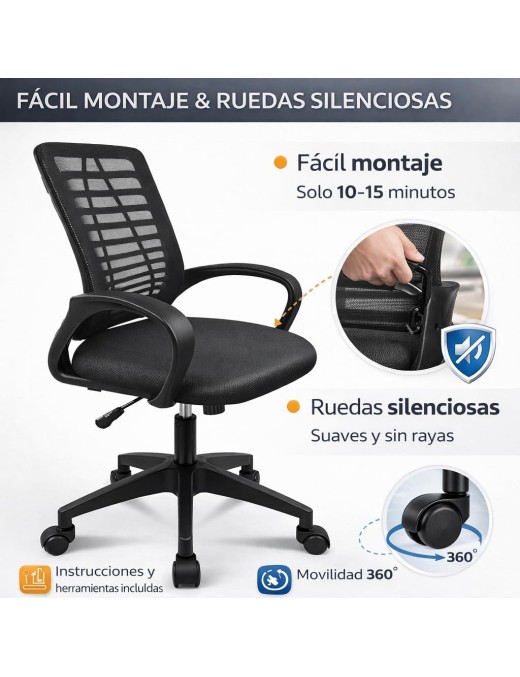 Silla Oficina Ergonómica T-LOVENDO con Soporte Lumbar y Respaldo Malla Transpirable - Altura Regulable con Ruedas