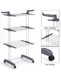 Tendedero Vertical Plegable con ruedas de Alta Capacidad - 4 Niveles con Barras de Acero Inoxidable y Alas Laterales