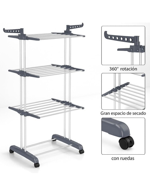Tendedero Vertical Plegable con ruedas de Alta Capacidad - 4 Niveles con Barras de Acero Inoxidable y Alas Laterales