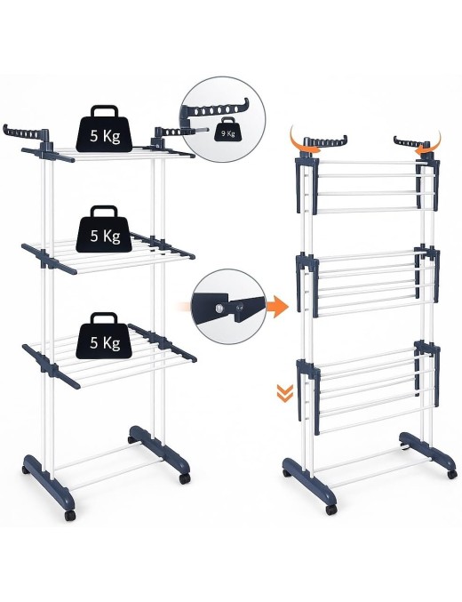 Tendedero Vertical Plegable con ruedas de Alta Capacidad - 4 Niveles con Barras de Acero Inoxidable y Alas Laterales
