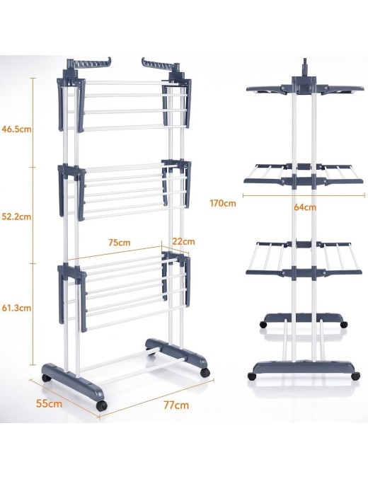 Tendedero Vertical Plegable con ruedas de Alta Capacidad - 4 Niveles con Barras de Acero Inoxidable y Alas Laterales