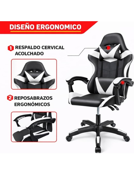 Silla Gaming Ergonómica Reclinable con Cojín Lumbar y Cervical - Altura Ajustable y Reposabrazos Acolchados