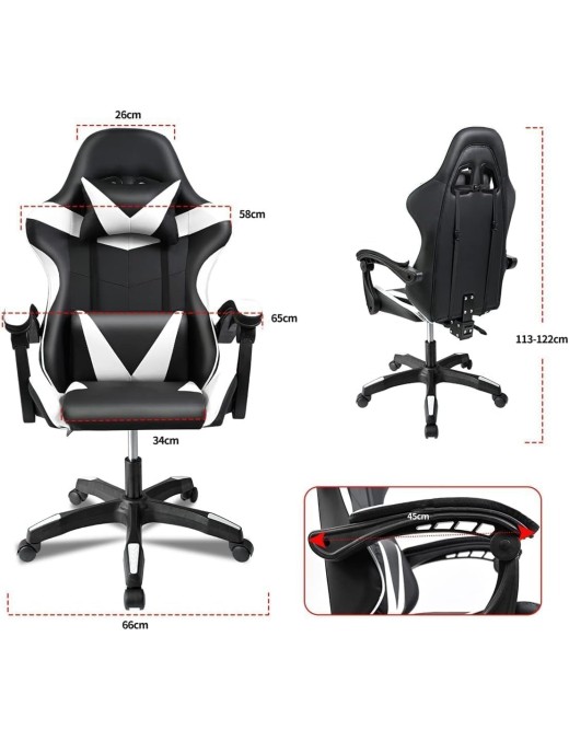 Silla Gaming Ergonómica Reclinable con Cojín Lumbar y Cervical - Altura Ajustable y Reposabrazos Acolchados