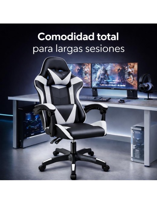 Silla Gaming Ergonómica Reclinable con Cojín Lumbar y Cervical - Altura Ajustable y Reposabrazos Acolchados