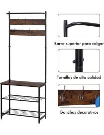 Perchero Zapatero T-Lovendo de Madera y Metal con Ganchos y Estantería para Entrada