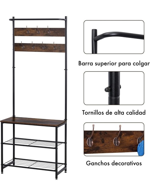 Perchero Zapatero T-Lovendo de Madera y Metal con Ganchos y Estantería para Entrada