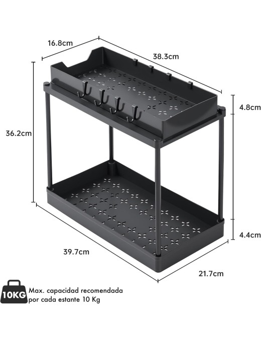 Pack 2 Estantes Organizadores T-Lovendo para Bajo Fregadero y Armario de Cocina con Ganchos